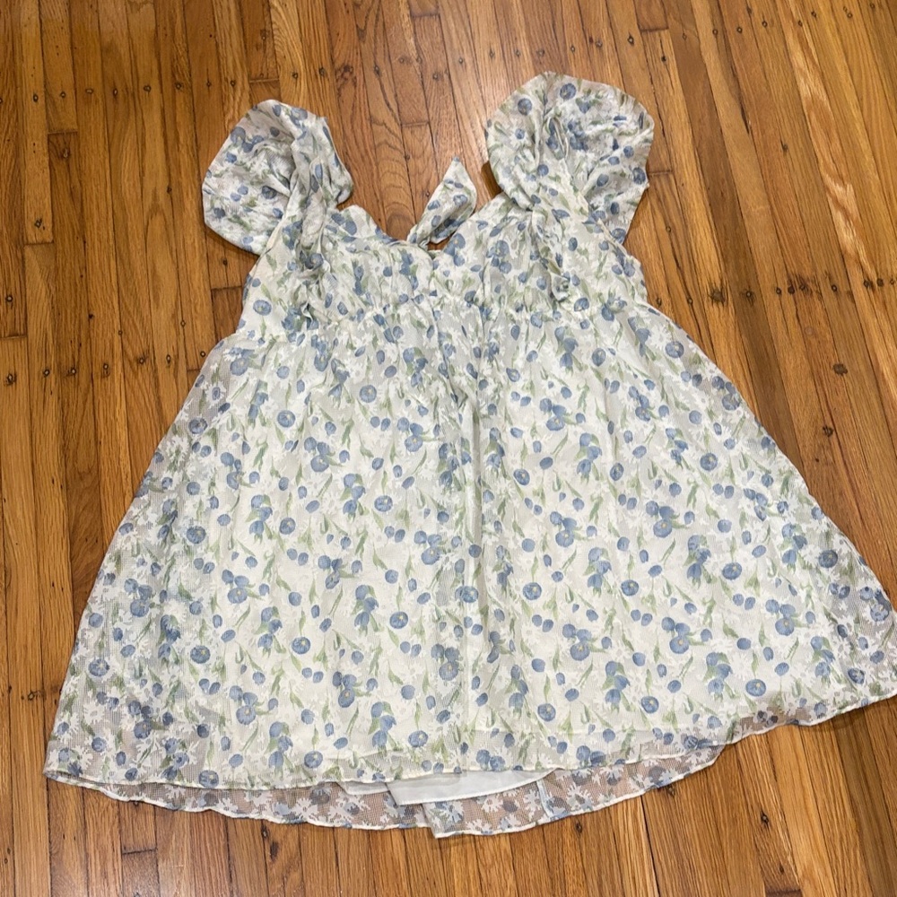 ARULA Floral Mini Dress - Cream and Blue